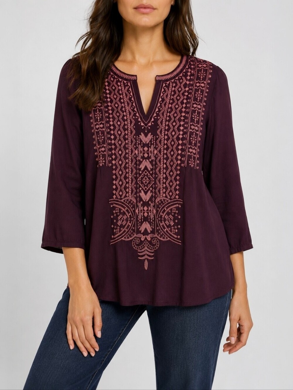 Pure Jill J Jill Burgundy Embroidered Peasant Tunic Top SP